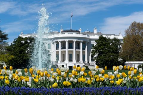 Flowers decorate the fountain Friday, April 3, 2020, 